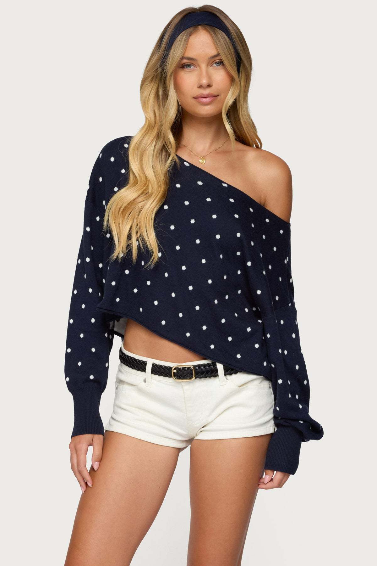 Oversized Off Shoulder Polka Dot Sweater - NAVY