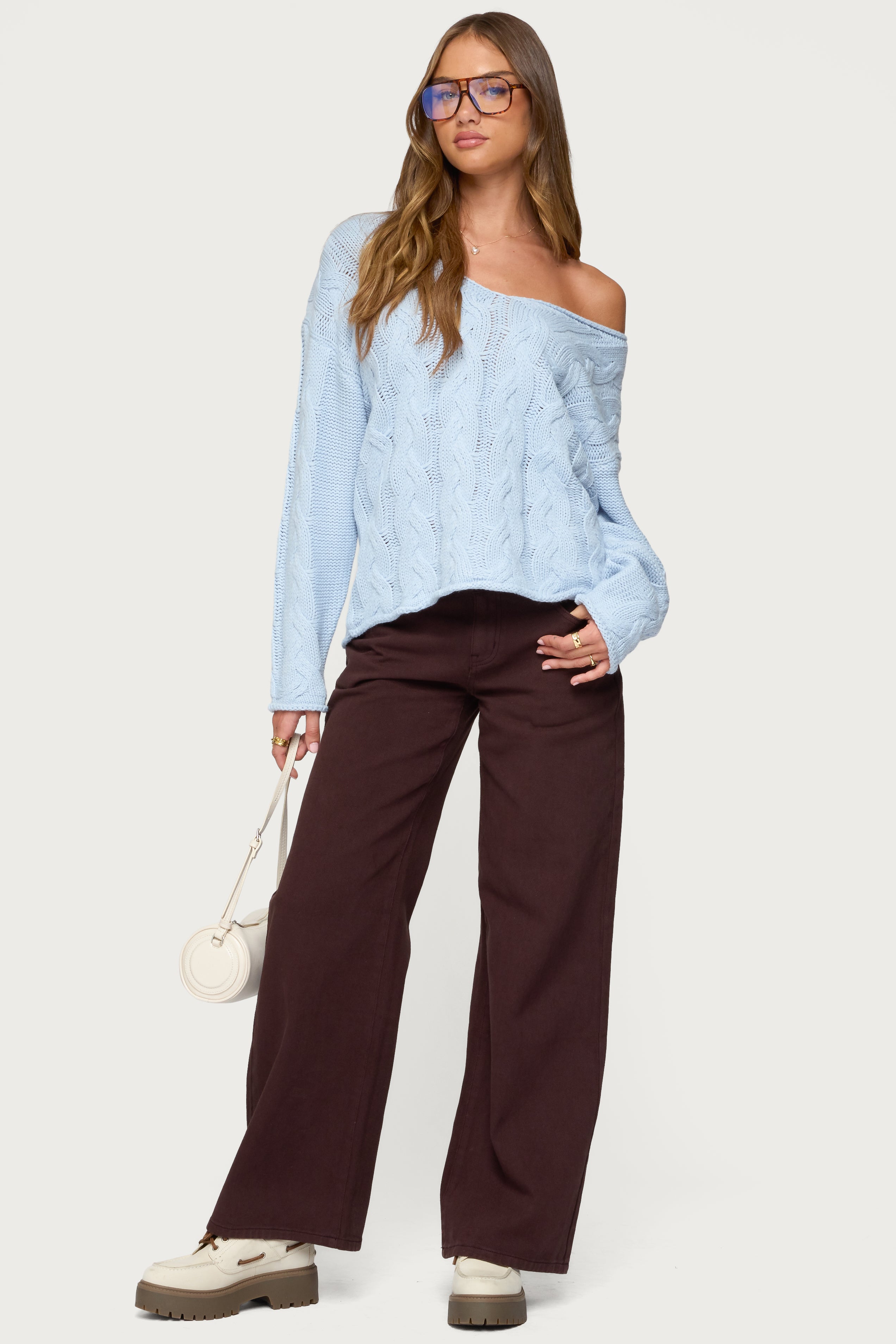 Inga Oversized Cable Knit Sweater - LIGHT BLUE
