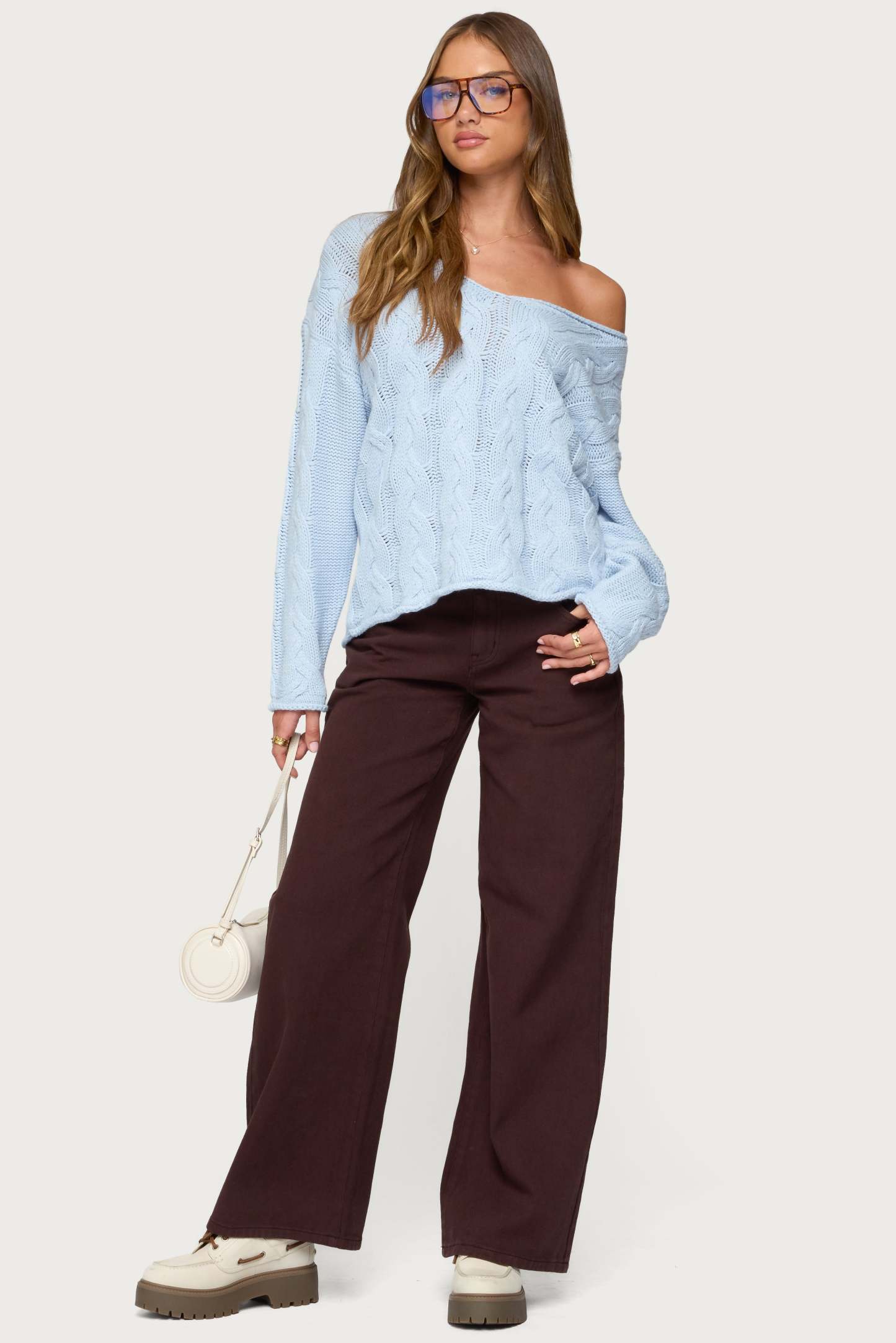 Inga Oversized Cable Knit Sweater - LIGHT BLUE