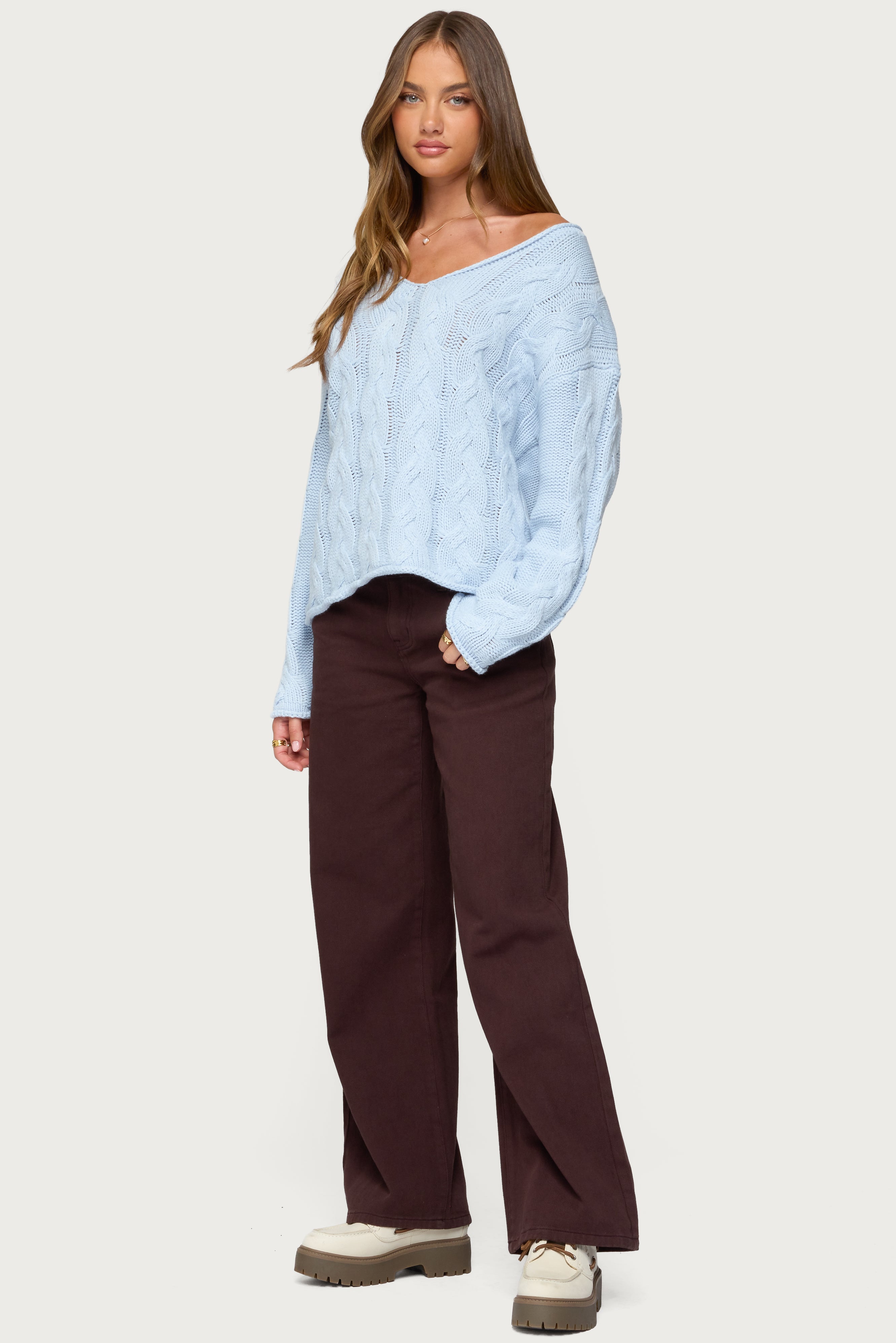 Inga Oversized Cable Knit Sweater - LIGHT BLUE