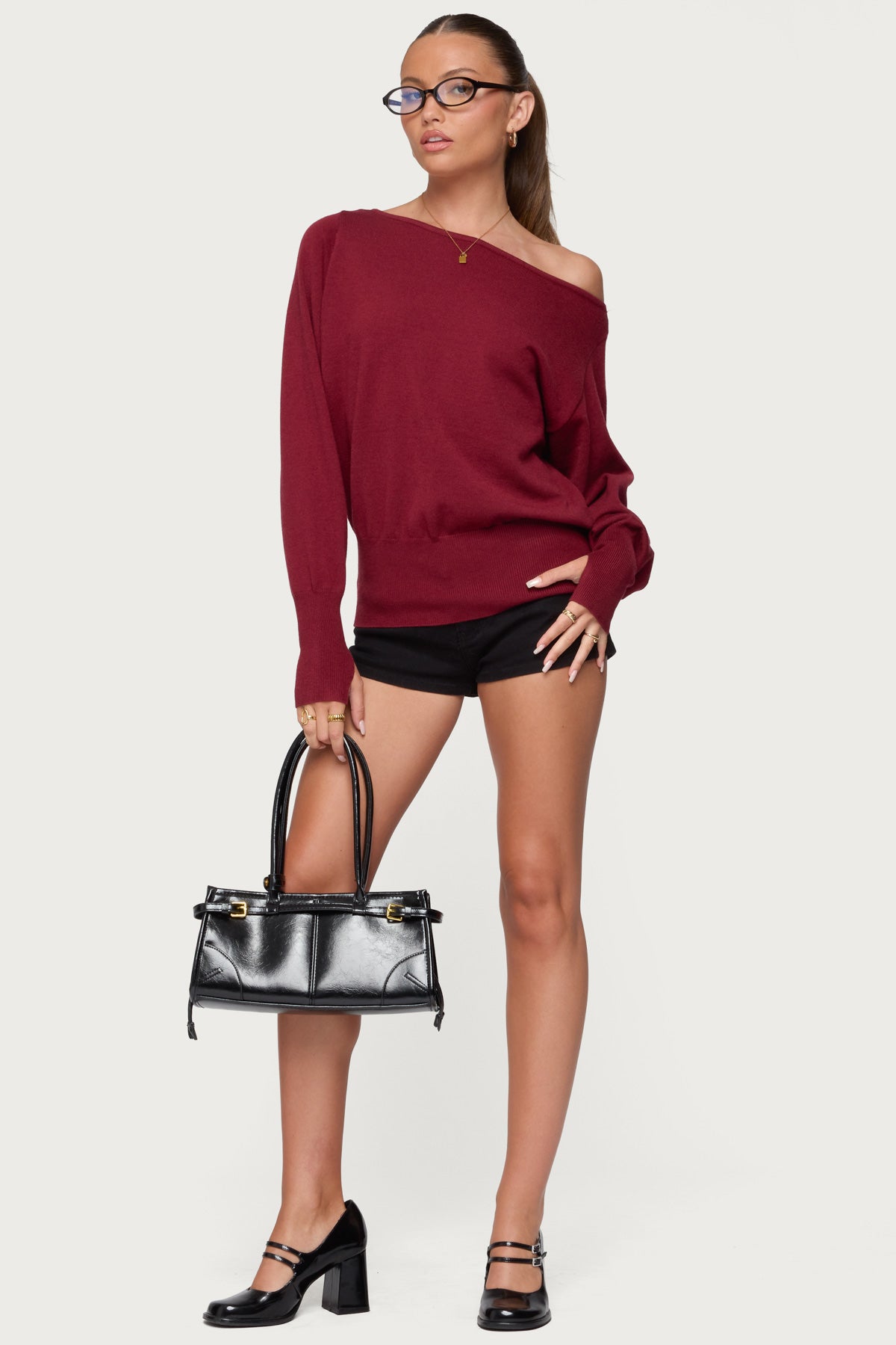 Off Shoulder Oversized Sweater - BURGUNDY