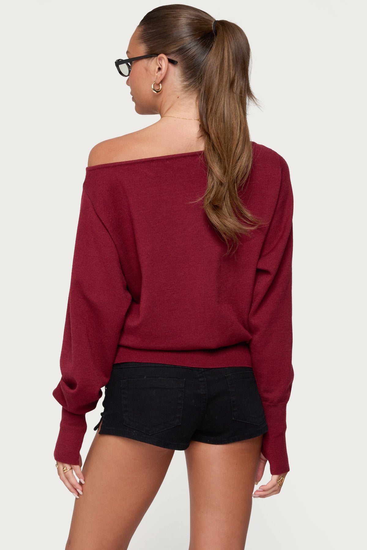 Off Shoulder Oversized Sweater - BURGUNDY