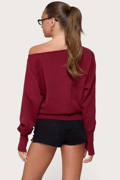 Off Shoulder Oversized Sweater - BURGUNDY