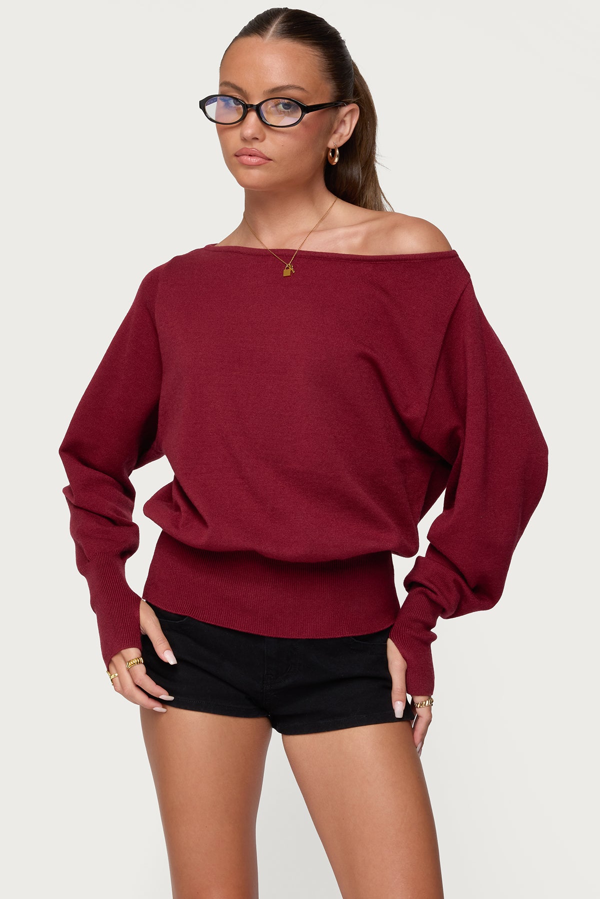 Off Shoulder Oversized Sweater - BURGUNDY