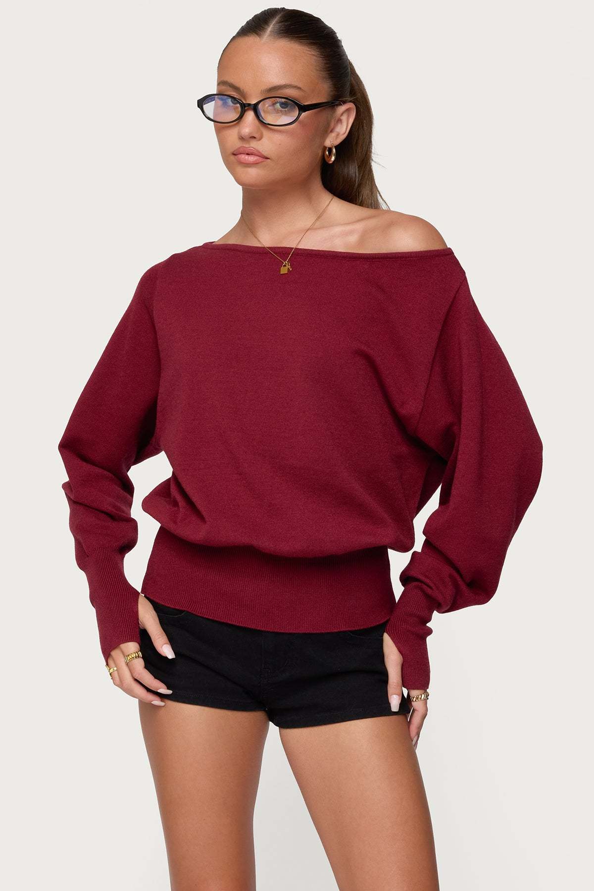 Off Shoulder Oversized Sweater - BURGUNDY