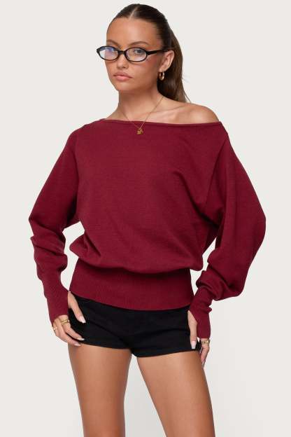 Off Shoulder Oversized Sweater - BURGUNDY
