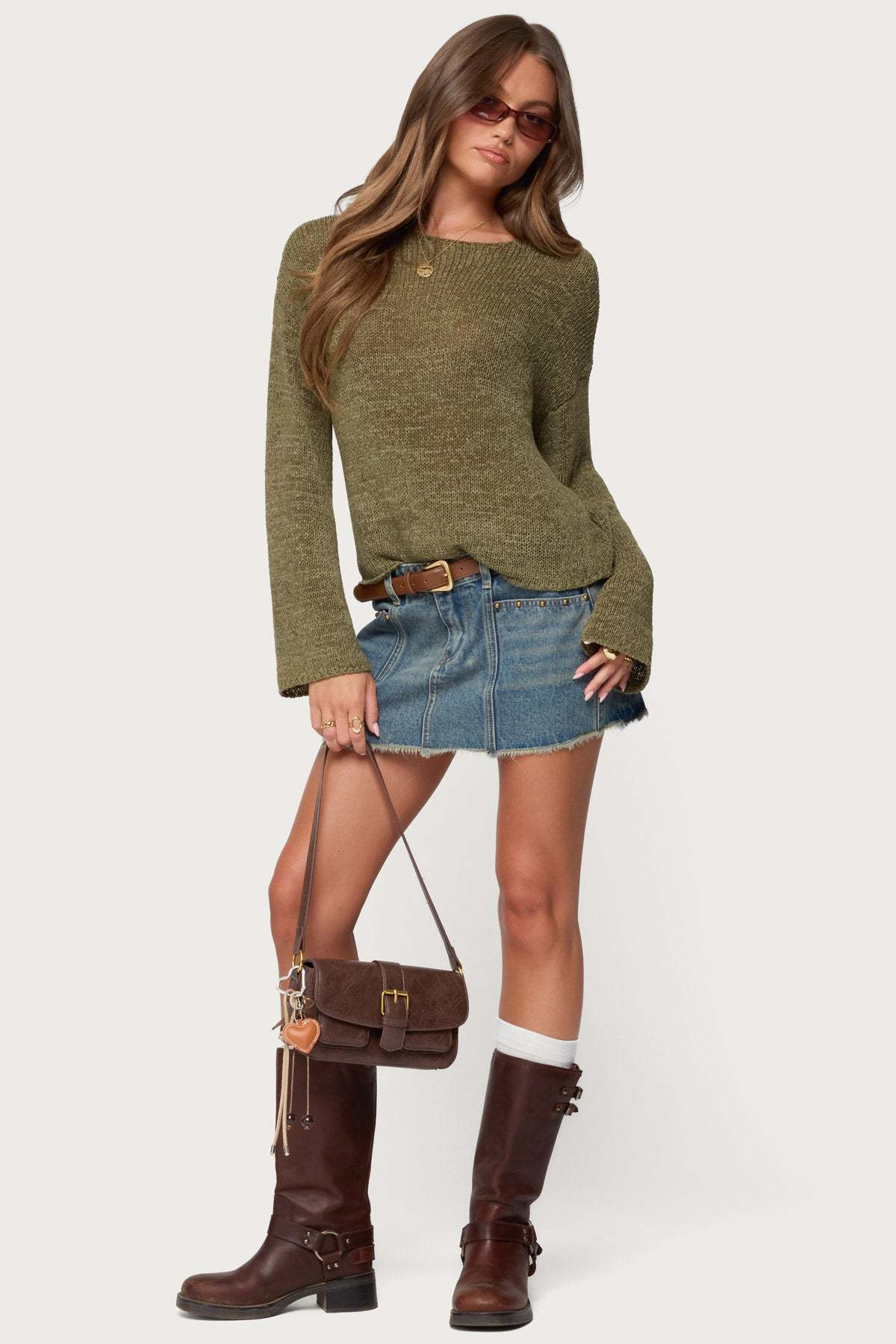 Drop Shoulder Light Knit Sweater - OLIVE
