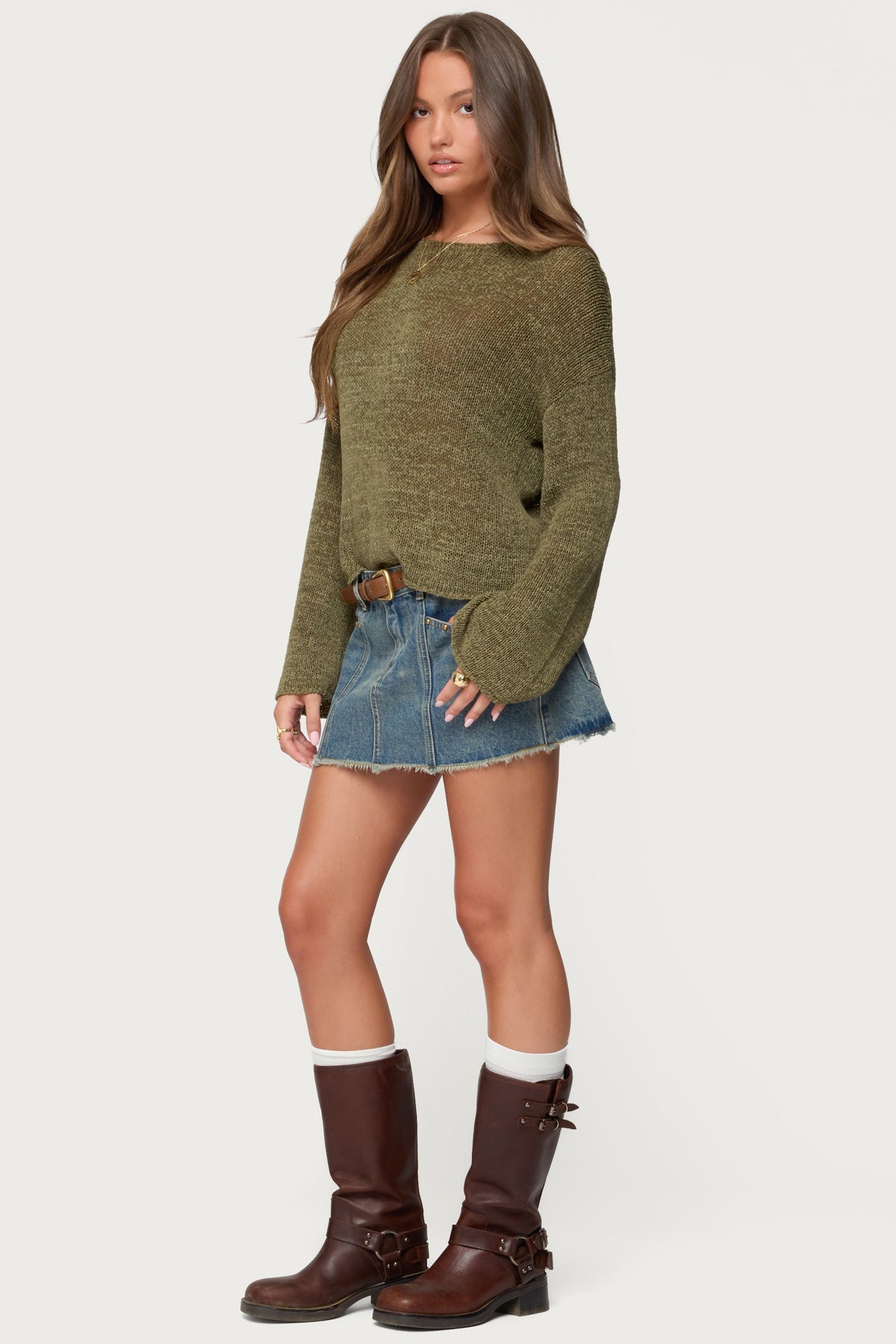 Drop Shoulder Light Knit Sweater - OLIVE