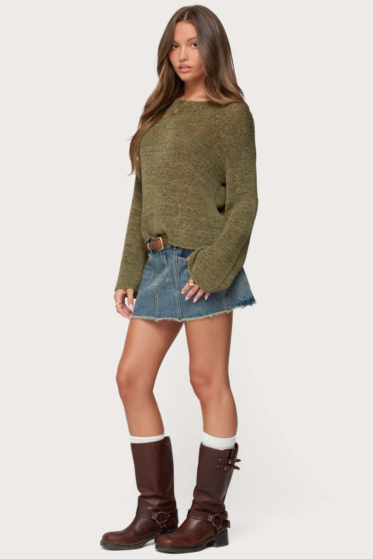Drop Shoulder Light Knit Sweater - OLIVE