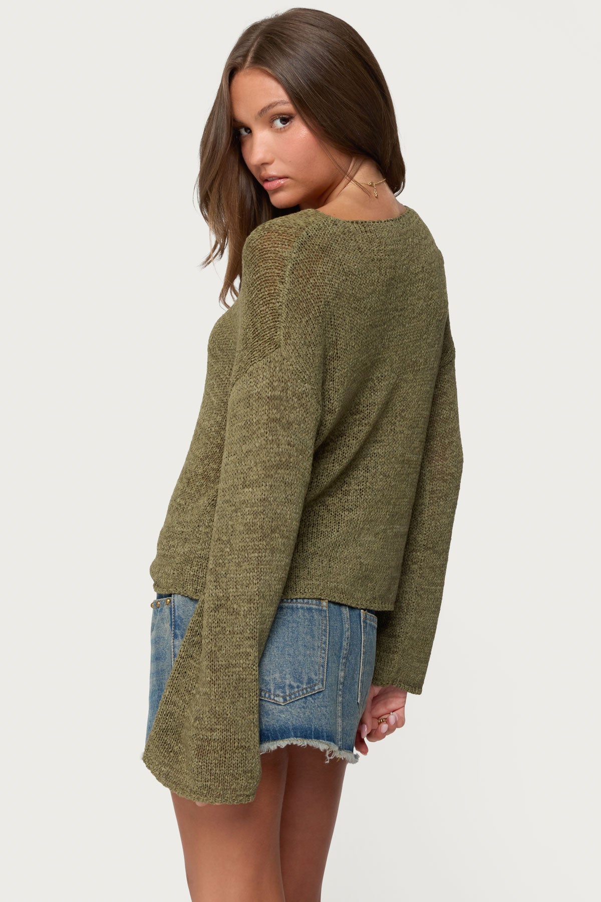 Drop Shoulder Light Knit Sweater - OLIVE