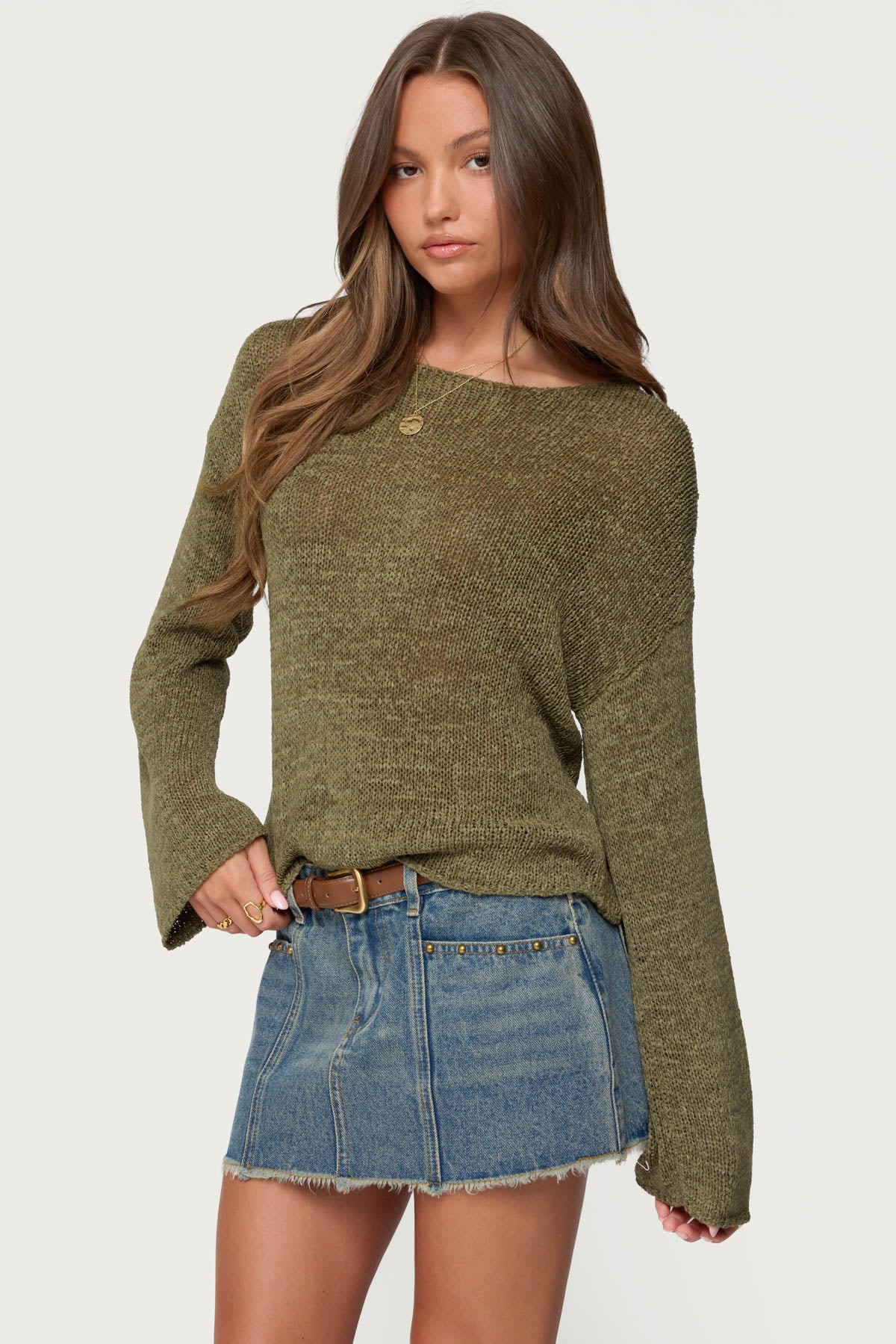 Drop Shoulder Light Knit Sweater - OLIVE