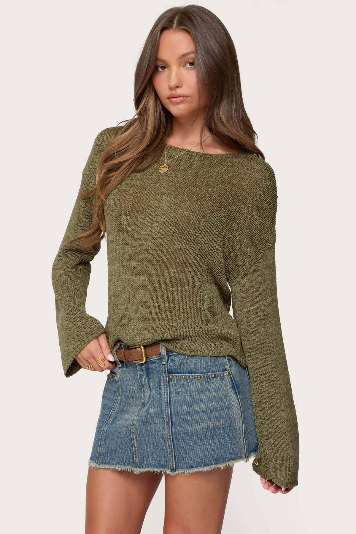 Drop Shoulder Light Knit Sweater - OLIVE