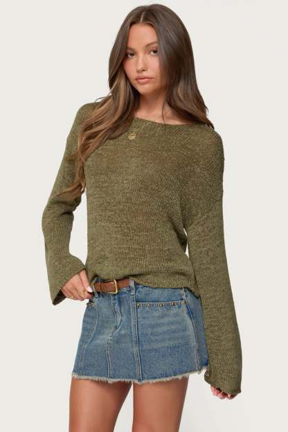 Drop Shoulder Light Knit Sweater - OLIVE