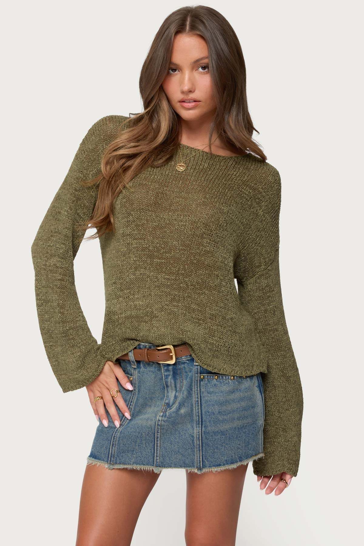 Drop Shoulder Light Knit Sweater - OLIVE