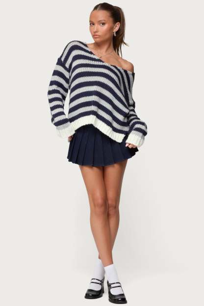 Eugenie Oversized Striped Sweater - NAVY