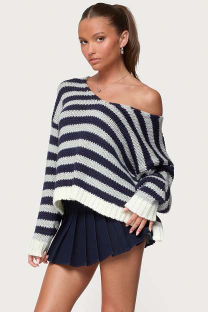 Eugenie Oversized Striped Sweater - NAVY