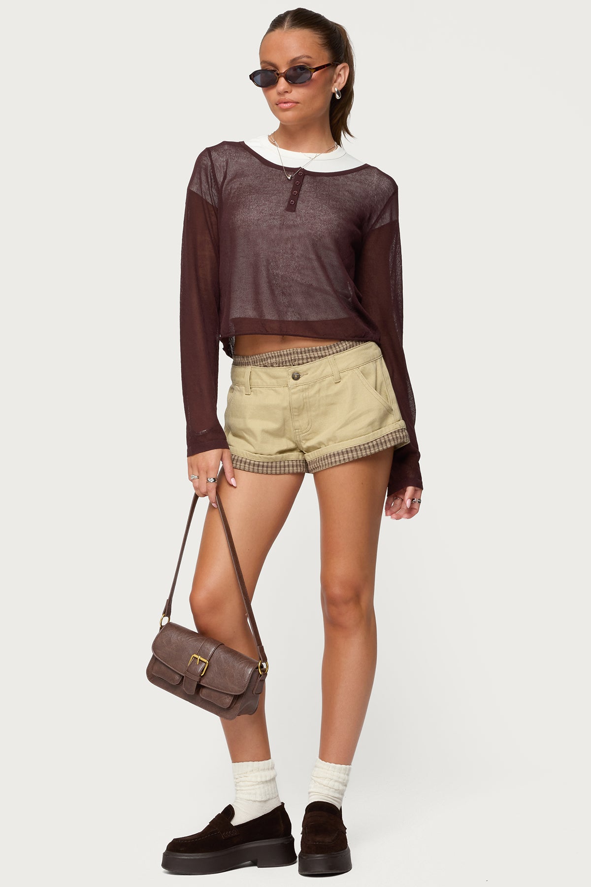 Kilian Sheer Knit Henley Top - BROWN