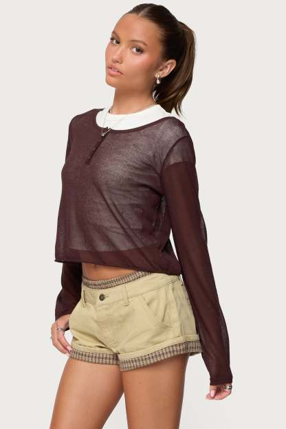 Kilian Sheer Knit Henley Top - BROWN