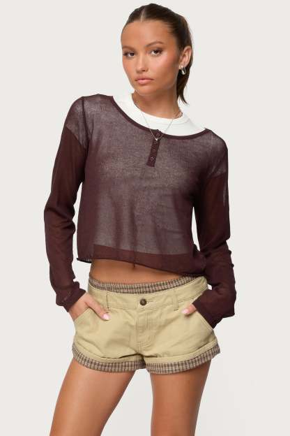 Kilian Sheer Knit Henley Top - BROWN