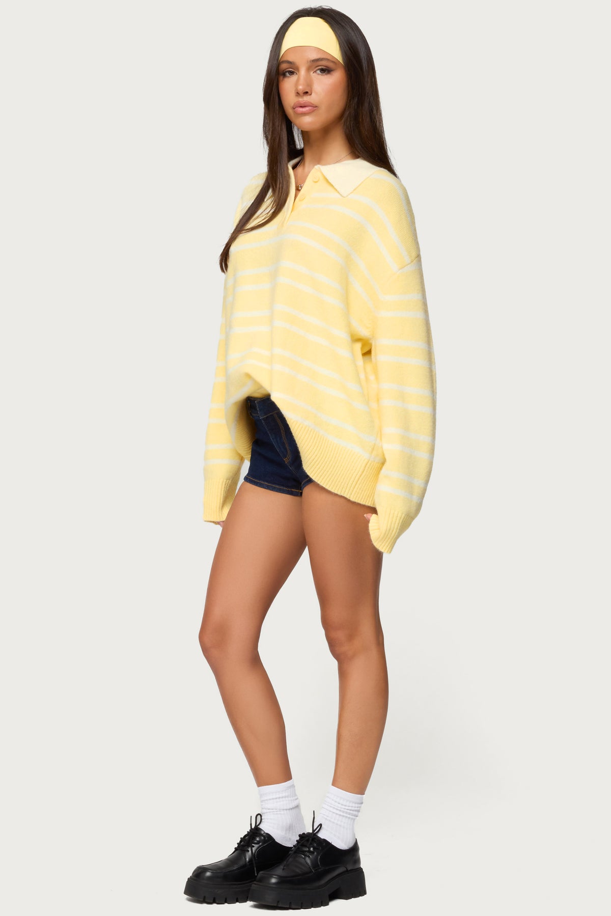 Rilynn Striped Polo Sweater - YELLOW AND WHITE