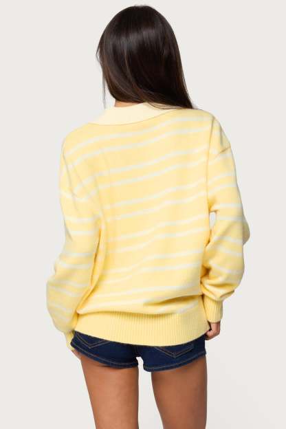 Rilynn Striped Polo Sweater - YELLOW AND WHITE