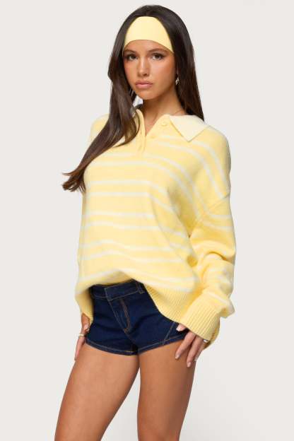 Rilynn Striped Polo Sweater - YELLOW AND WHITE
