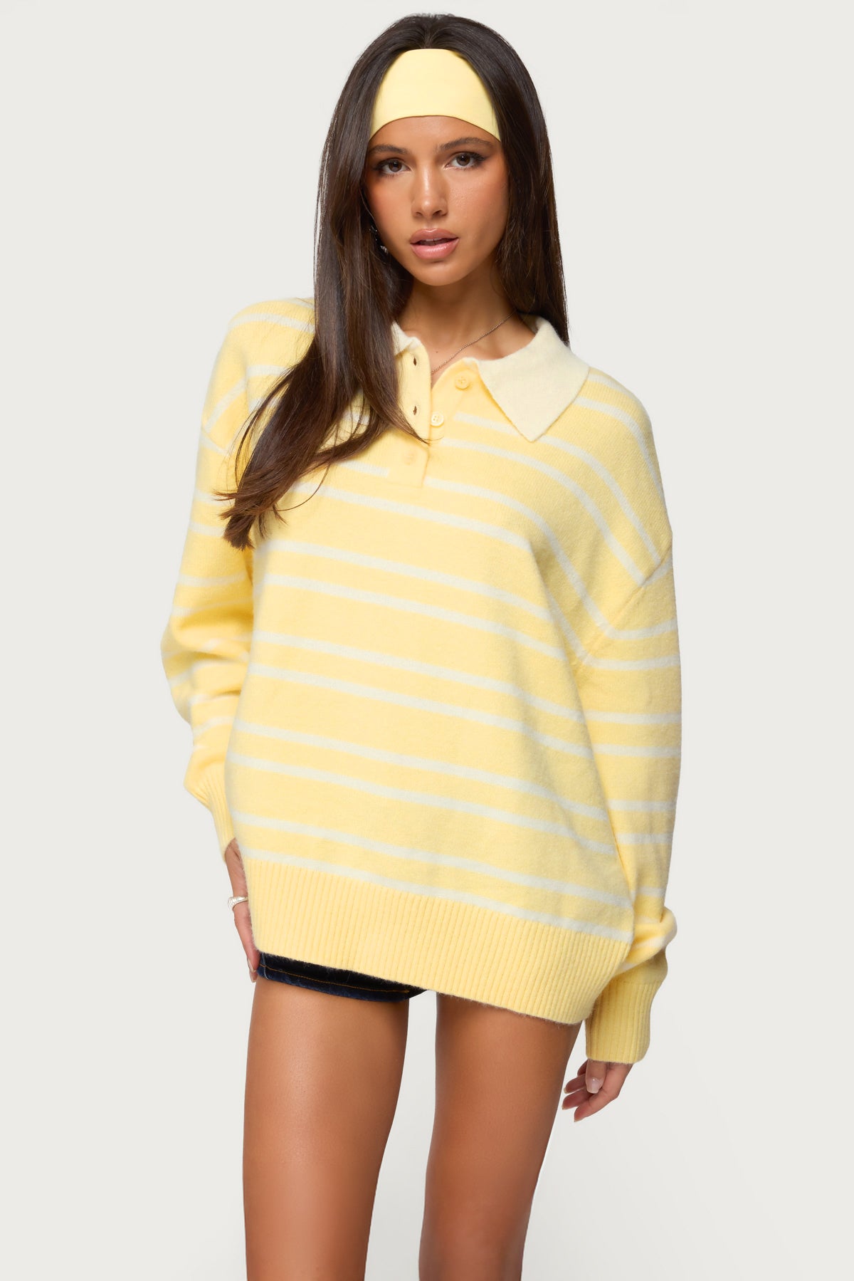 Rilynn Striped Polo Sweater - YELLOW AND WHITE