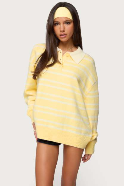 Rilynn Striped Polo Sweater - YELLOW AND WHITE