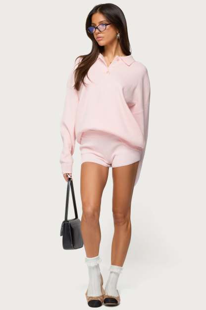 Lorie Oversized Knit Polo Sweater - LIGHT PINK