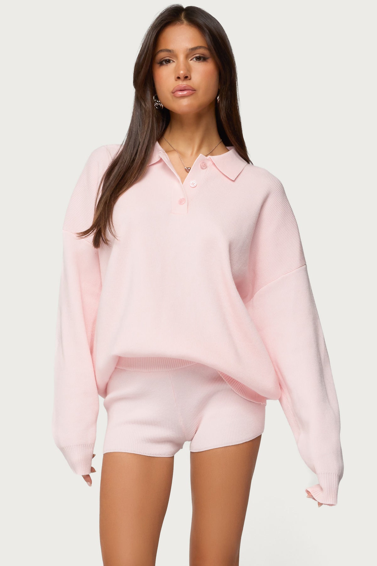 Lorie Oversized Knit Polo Sweater - LIGHT PINK