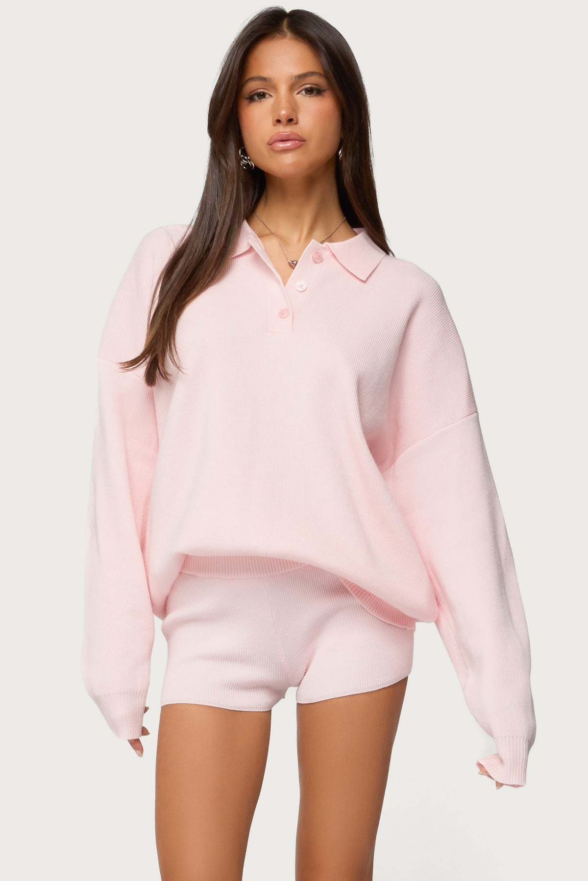 Lorie Oversized Knit Polo Sweater - LIGHT PINK