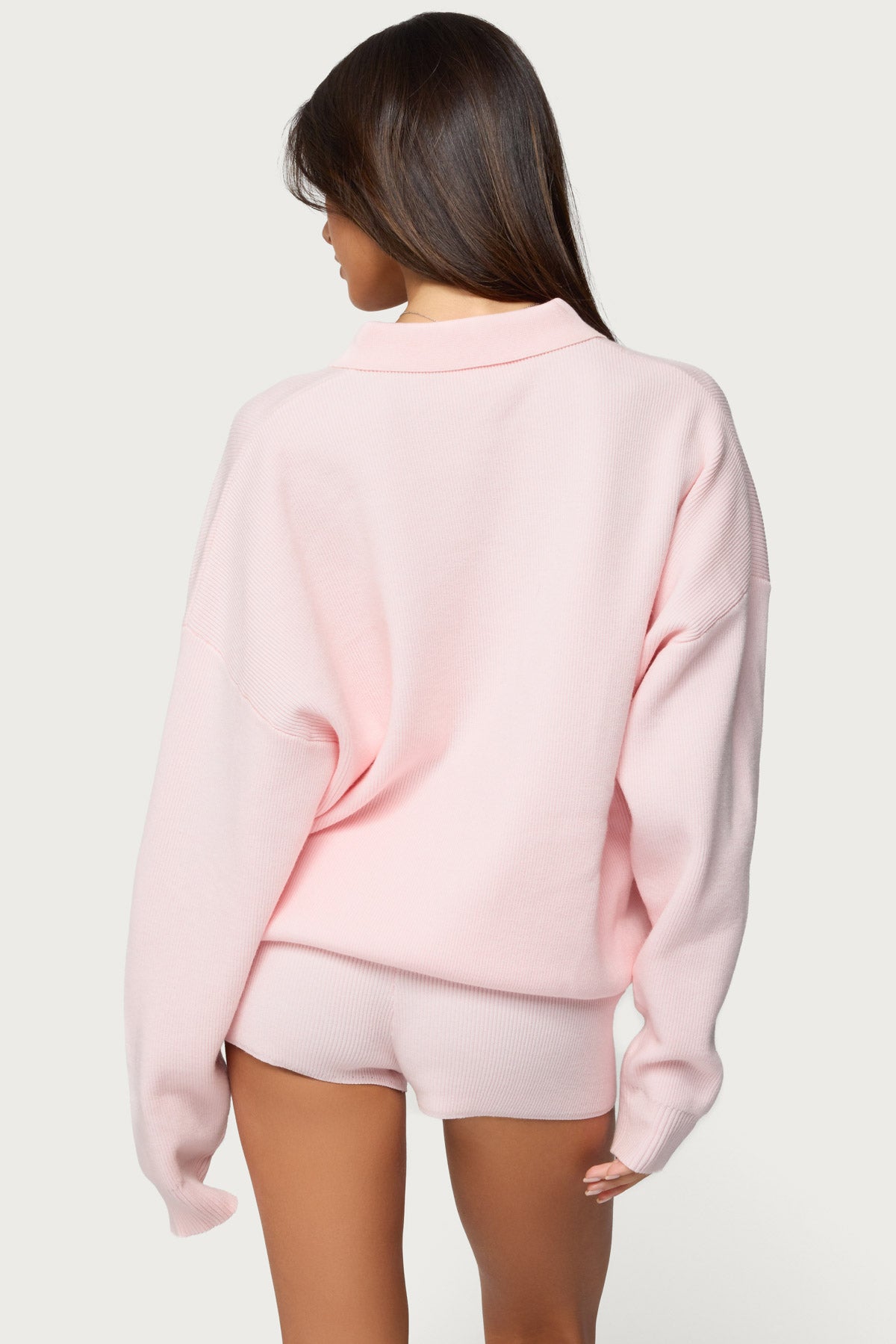 Lorie Oversized Knit Polo Sweater - LIGHT PINK