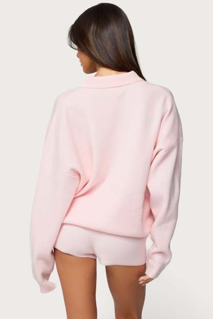 Lorie Oversized Knit Polo Sweater - LIGHT PINK