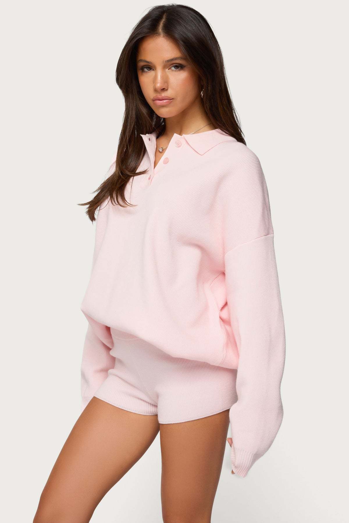 Lorie Oversized Knit Polo Sweater - LIGHT PINK