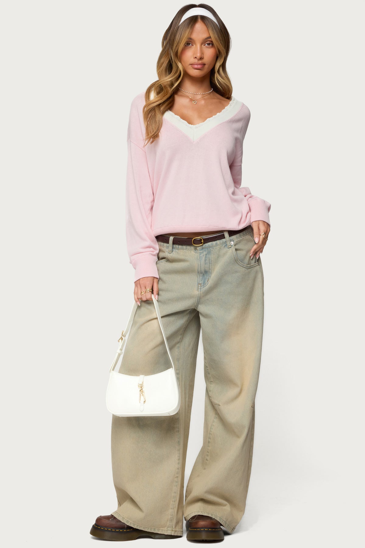 Marie Contrast Lacey V Neck Sweater - LIGHT PINK