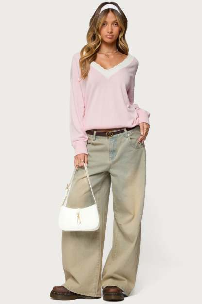 Marie Contrast Lacey V Neck Sweater - LIGHT PINK