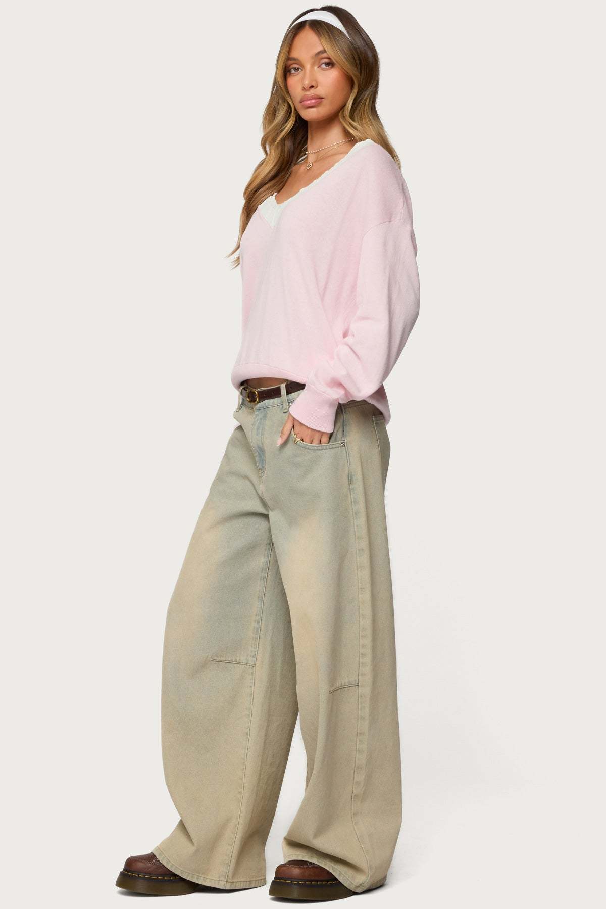 Marie Contrast Lacey V Neck Sweater - LIGHT PINK