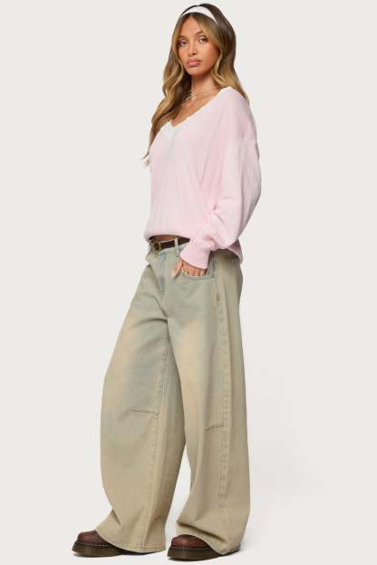 Marie Contrast Lacey V Neck Sweater - LIGHT PINK