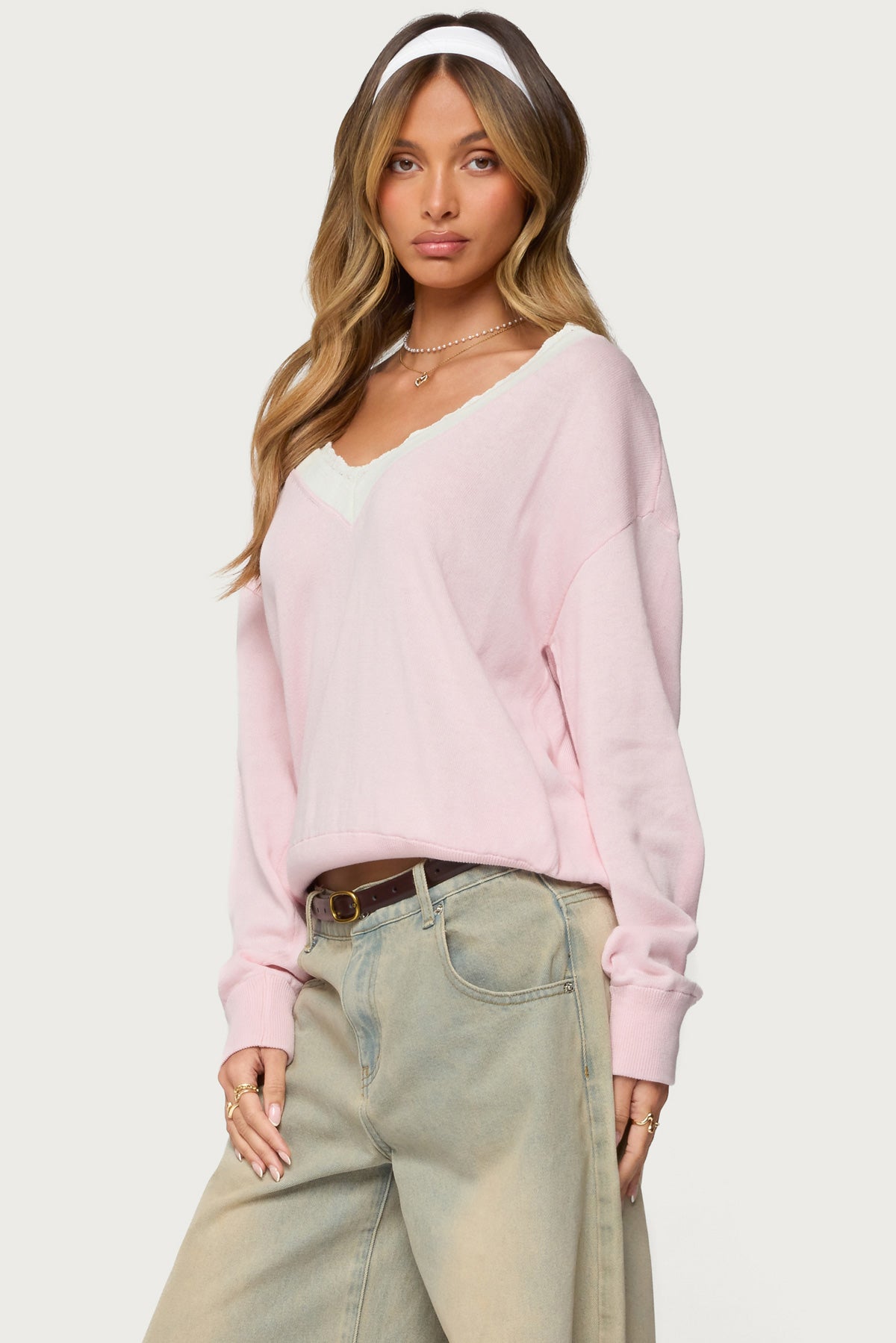 Marie Contrast Lacey V Neck Sweater - LIGHT PINK