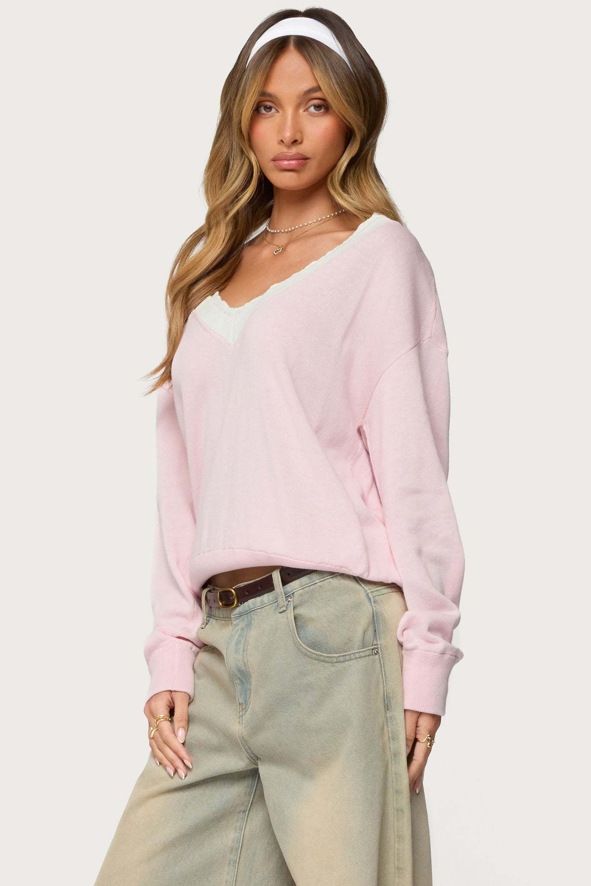 Marie Contrast Lacey V Neck Sweater - LIGHT PINK
