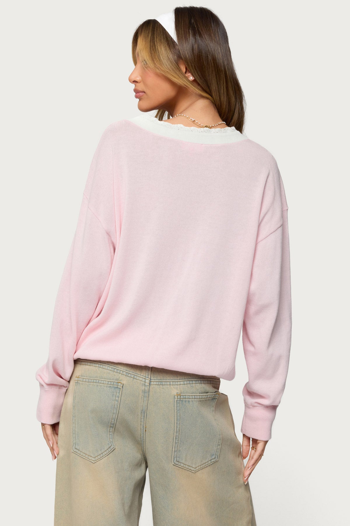 Marie Contrast Lacey V Neck Sweater - LIGHT PINK