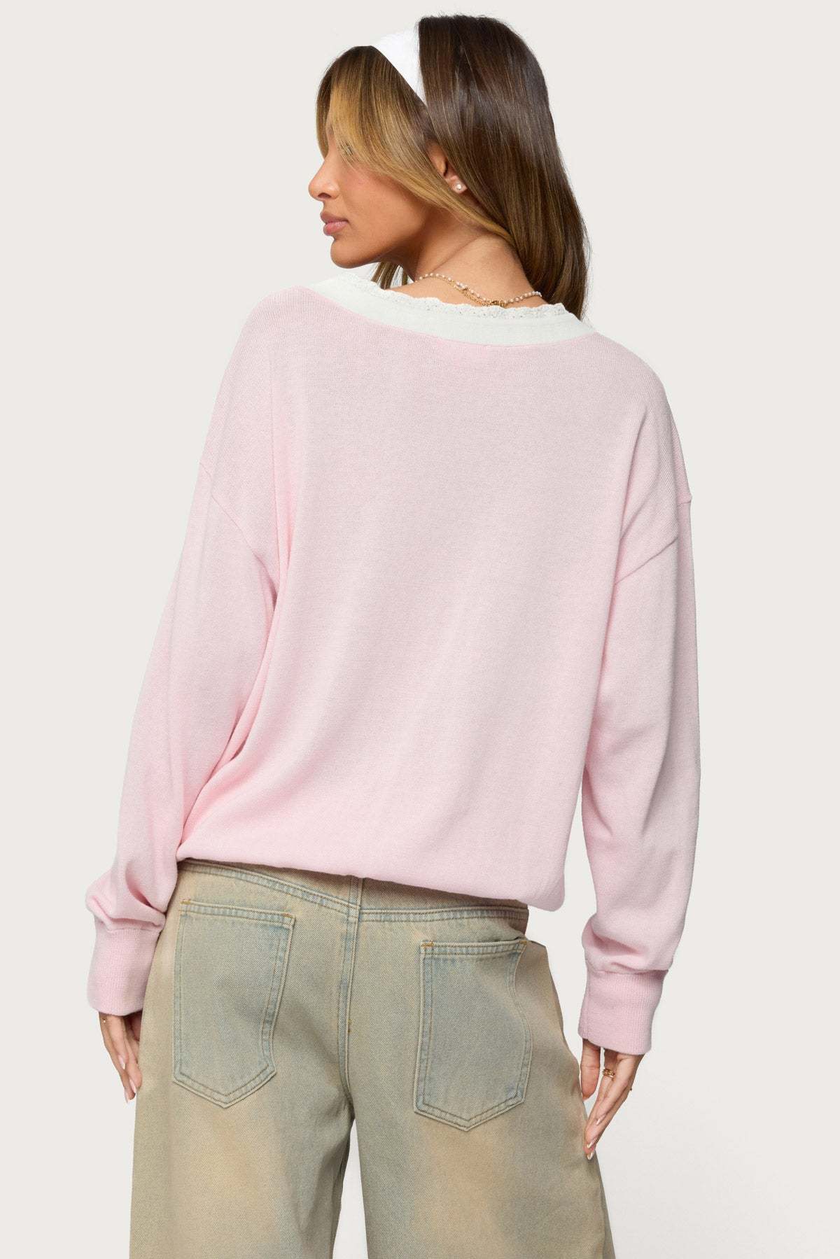 Marie Contrast Lacey V Neck Sweater - LIGHT PINK
