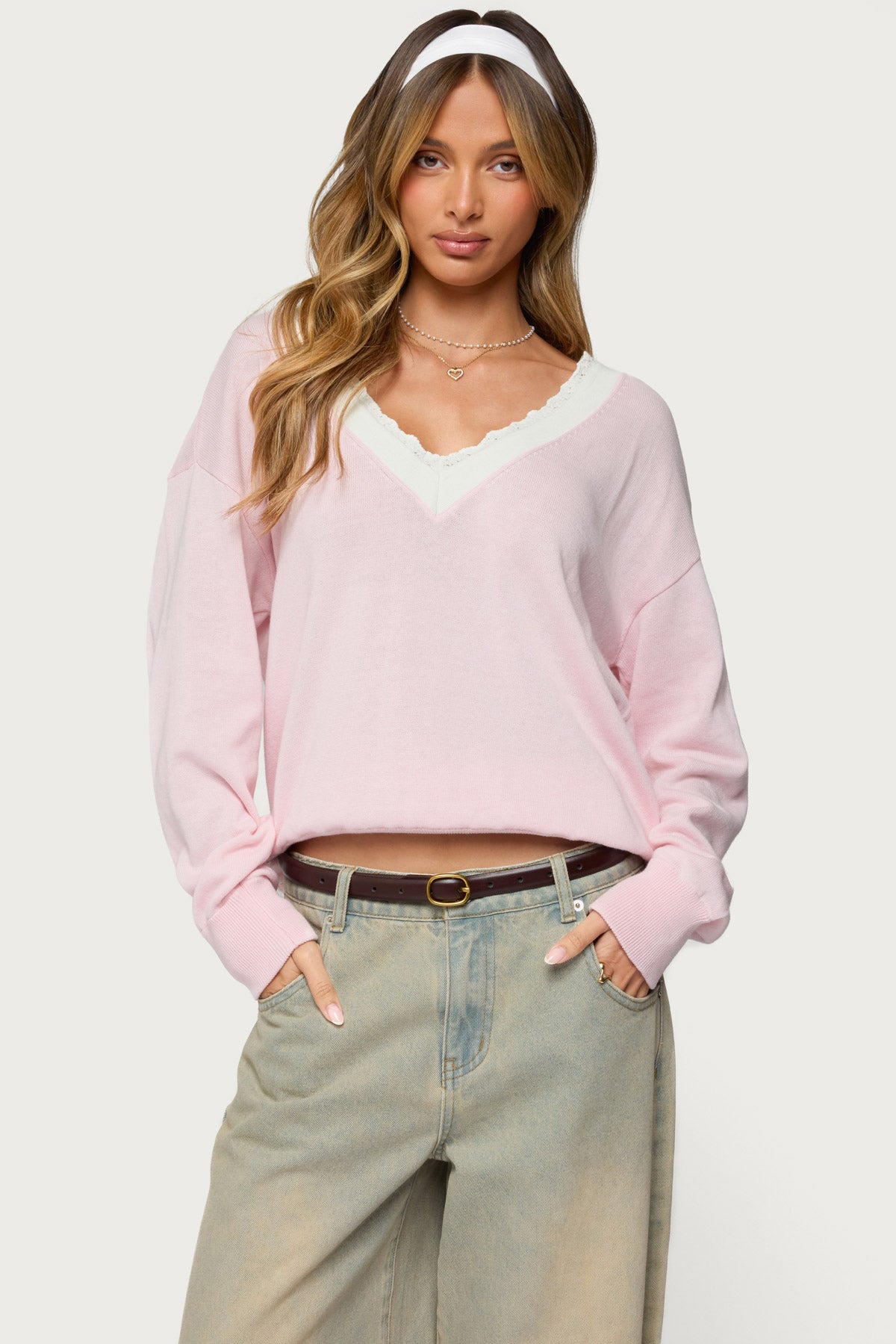 Marie Contrast Lacey V Neck Sweater - LIGHT PINK