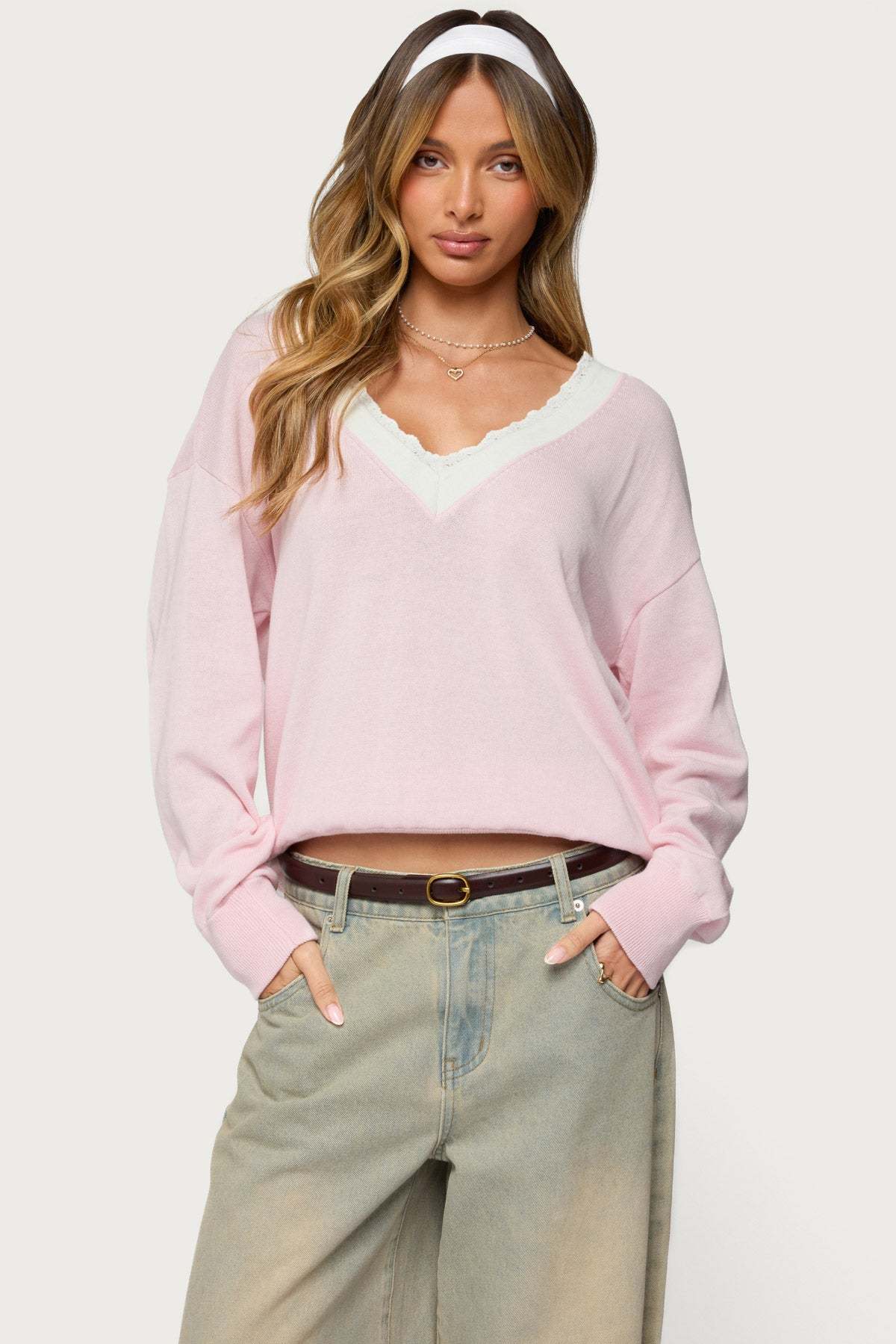 Marie Contrast Lacey V Neck Sweater - LIGHT PINK