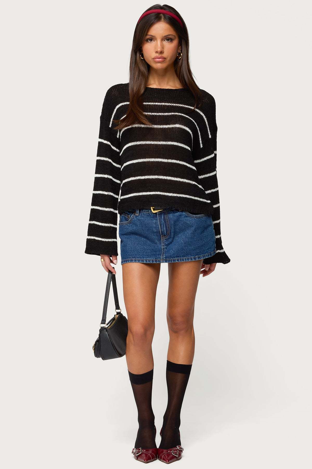 Drop Shoulder Light Knit Sweater - BLACK AND WHITE