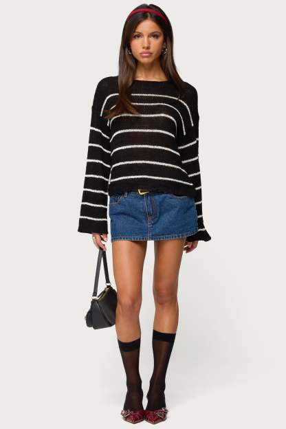 Drop Shoulder Light Knit Sweater - BLACK AND WHITE