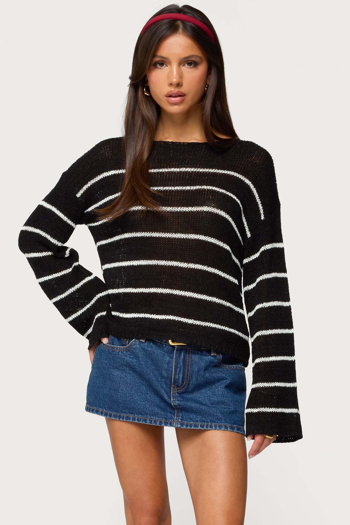 Drop Shoulder Light Knit Sweater - BLACK AND WHITE
