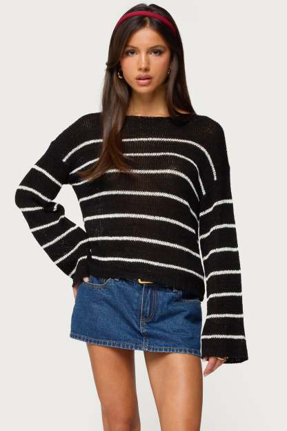 Drop Shoulder Light Knit Sweater - BLACK AND WHITE