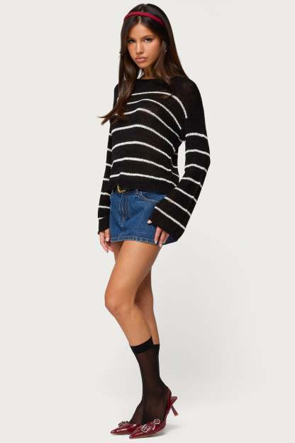 Drop Shoulder Light Knit Sweater - BLACK AND WHITE