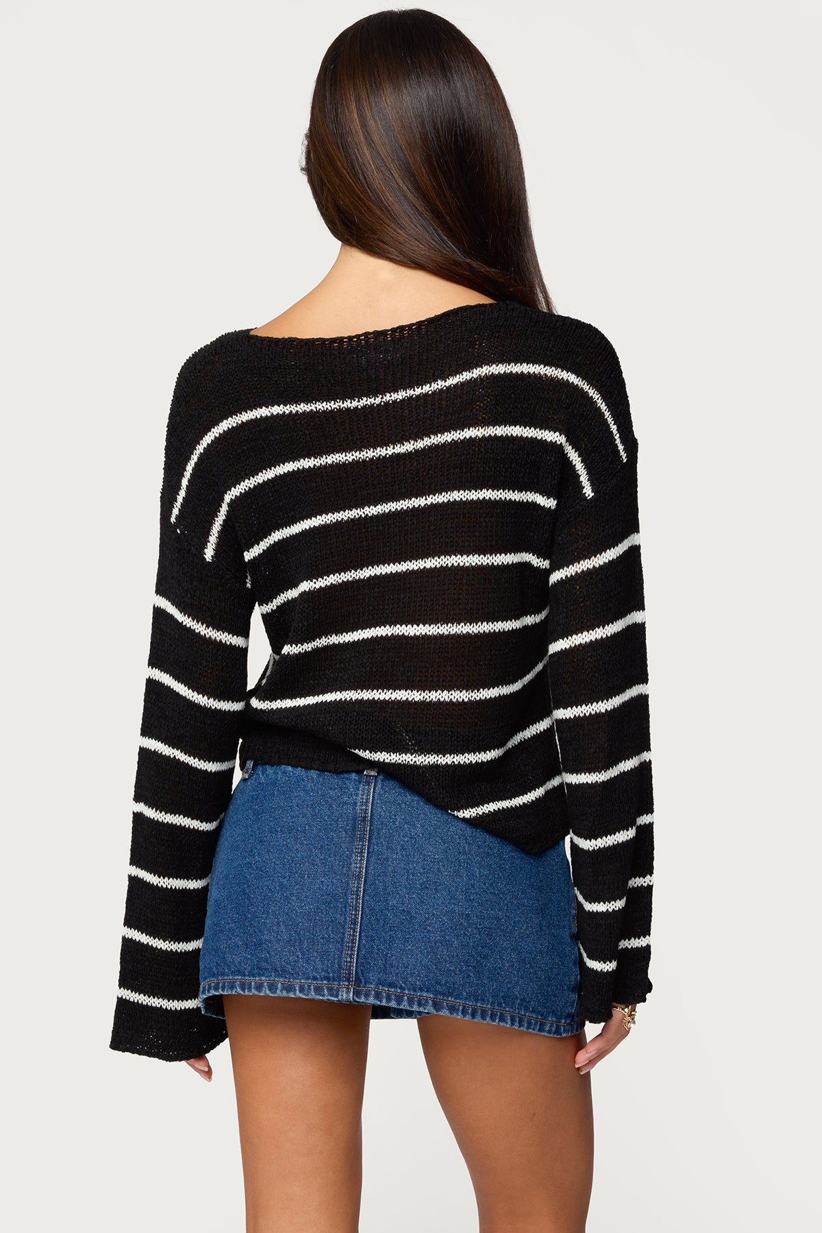 Drop Shoulder Light Knit Sweater - BLACK AND WHITE